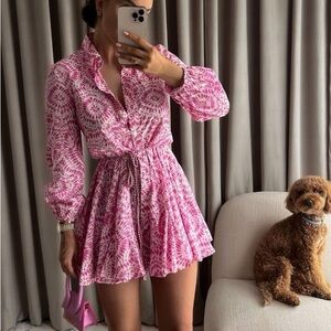 ZARA VGUC HSA Pink & White Printed Flare Mini Tie Waist Shirt Dress